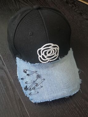 Black &  Denim Cap with Embroidered Rose